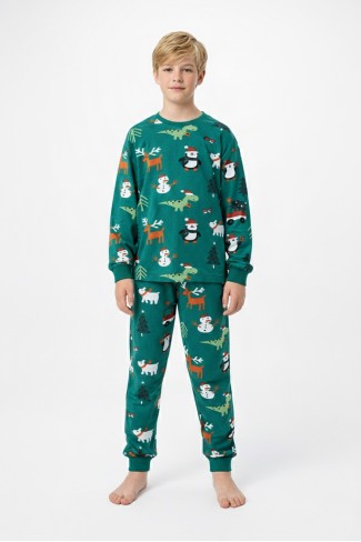 Garson Erkek Çocuk Temalı Penguen Ve Geyik Desenli %100 Pamuk Reaktif Boyalı Süprem Kumaş Uzun Kollu Pijama Takımı