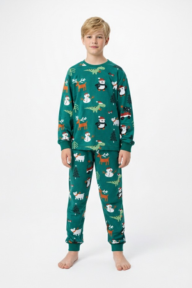 Garson Erkek Çocuk Temalı Penguen Ve Geyik Desenli %100 Pamuk Reaktif Boyalı Süprem Kumaş Uzun Kollu Pijama Takımı