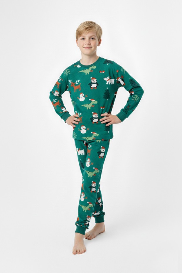 Garson Erkek Çocuk Temalı Penguen Ve Geyik Desenli %100 Pamuk Reaktif Boyalı Süprem Kumaş Uzun Kollu Pijama Takımı