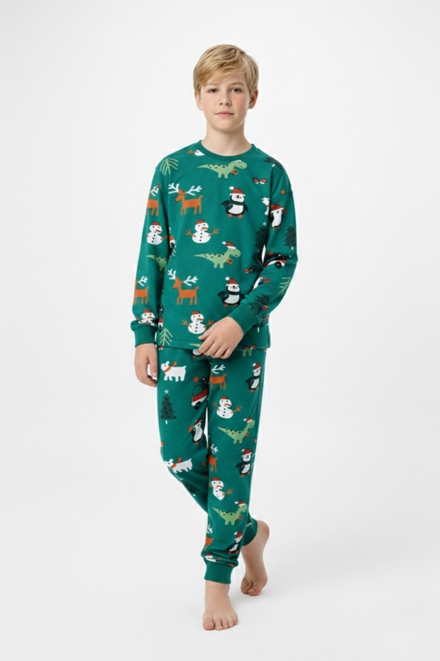 Garson Erkek Çocuk Temalı Penguen Ve Geyik Desenli %100 Pamuk Reaktif Boyalı Süprem Kumaş Uzun Kollu Pijama Takımı