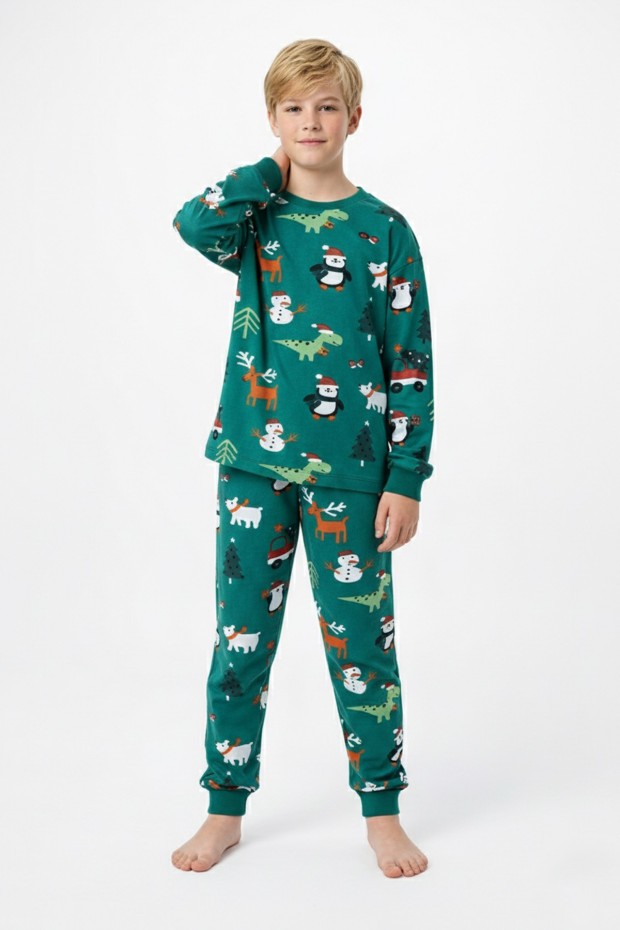 Garson Erkek Çocuk Temalı Penguen Ve Geyik Desenli %100 Pamuk Reaktif Boyalı Süprem Kumaş Uzun Kollu Pijama Takımı