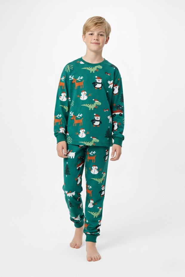 Garson Erkek Çocuk Temalı Penguen Ve Geyik Desenli %100 Pamuk Reaktif Boyalı Süprem Kumaş Uzun Kollu Pijama Takımı