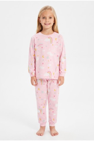 Kız Çocuk Gökkuşağı Baskılı %100 Pamuk İnterlok Kumaş Uzun Kollu Pijama Takımı