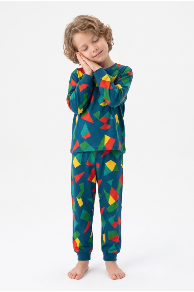 Erkek Çocuk Geometrik Desen %100 Pamuk Reaktif Boyalı Süprem Kumaş Uzun Kollu Pijama Takımı