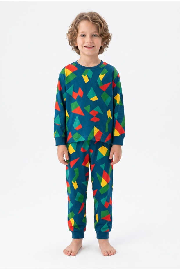 Erkek Çocuk Geometrik Desen %100 Pamuk Reaktif Boyalı Süprem Kumaş Uzun Kollu Pijama Takımı