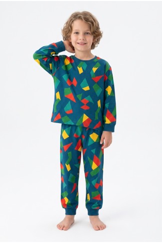Erkek Çocuk Geometrik Desen %100 Pamuk Reaktif Boyalı Süprem Kumaş Uzun Kollu Pijama Takımı