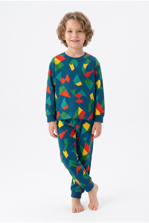 Erkek Çocuk Geometrik Desen %100 Pamuk Reaktif Boyalı Süprem Kumaş Uzun Kollu Pijama Takımı