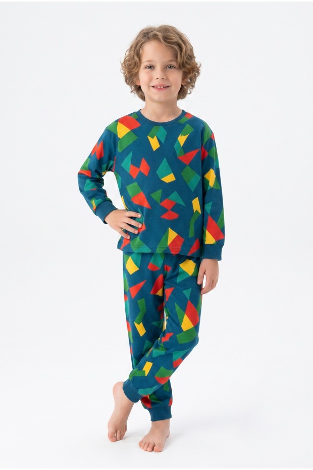 Erkek Çocuk Geometrik Desen %100 Pamuk Reaktif Boyalı Süprem Kumaş Uzun Kollu Pijama Takımı