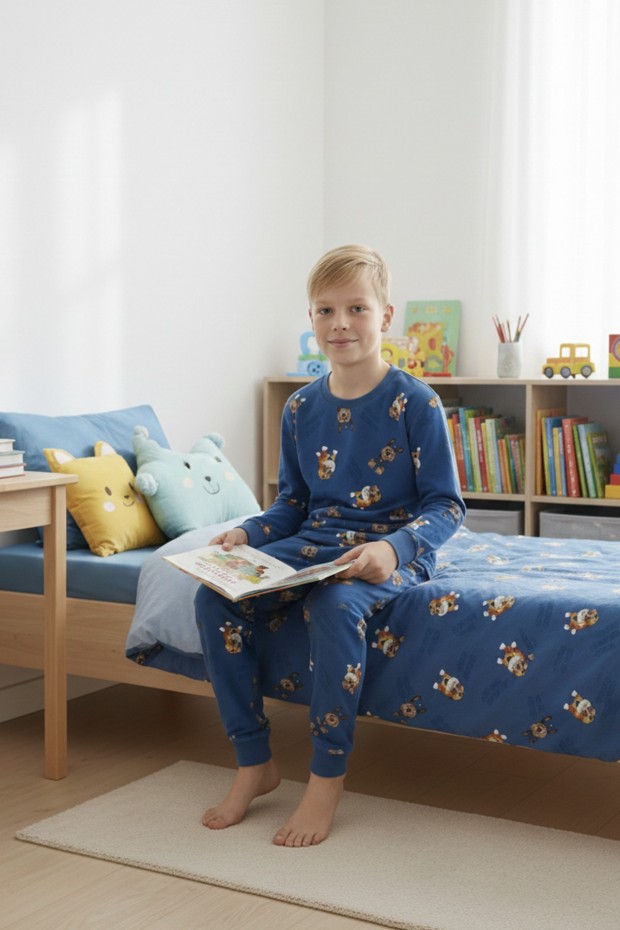 Garson Erkek Çocuk Köpek Baskılı %100 Pamuk Reaktif Boyalı İnterlok Kumaş Uzun Kollu Pijama Takımı