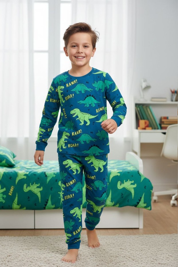 Erkek Çocuk Dinazor Baskılı %100 Pamuk Reaktif Boyalı Süprem Kumaş Uzun Kollu Pijama Takımı  