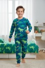 Erkek Çocuk Dinazor Baskılı %100 Pamuk Reaktif Boyalı Süprem Kumaş Uzun Kollu Pijama Takımı  