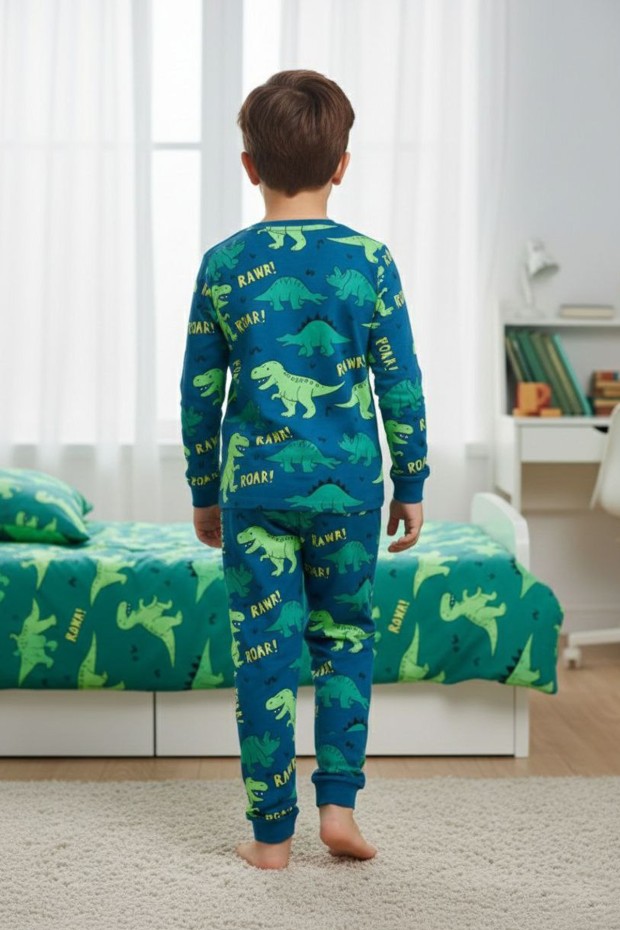 Erkek Çocuk Dinazor Baskılı %100 Pamuk Reaktif Boyalı Süprem Kumaş Uzun Kollu Pijama Takımı  