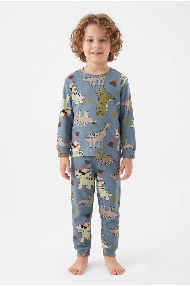 Erkek Çocuk Dinozor Desenli %100 Pamuk Reaktif Boyalı İnterlok Kumaş Uzun Kollu Pijama Takımı