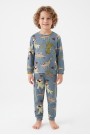 Erkek Çocuk Dinozor Desenli %100 Pamuk Reaktif Boyalı İnterlok Kumaş Uzun Kollu Pijama Takımı