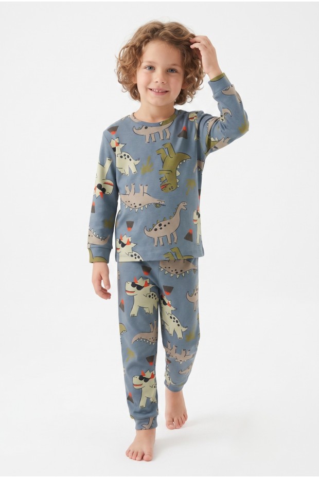 Erkek Çocuk Dinozor Desenli %100 Pamuk Reaktif Boyalı İnterlok Kumaş Uzun Kollu Pijama Takımı