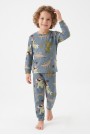 Erkek Çocuk Dinozor Desenli %100 Pamuk Reaktif Boyalı İnterlok Kumaş Uzun Kollu Pijama Takımı