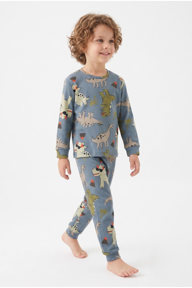 Erkek Çocuk Dinozor Desenli %100 Pamuk Reaktif Boyalı İnterlok Kumaş Uzun Kollu Pijama Takımı