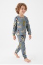 Erkek Çocuk Dinozor Desenli %100 Pamuk Reaktif Boyalı İnterlok Kumaş Uzun Kollu Pijama Takımı