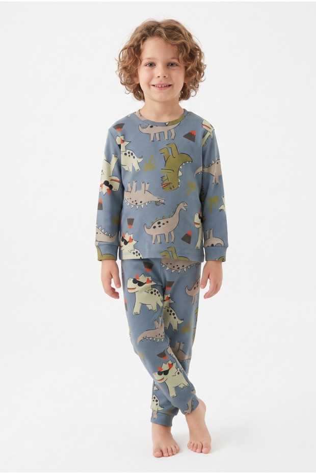 Erkek Çocuk Dinozor Desenli %100 Pamuk Reaktif Boyalı İnterlok Kumaş Uzun Kollu Pijama Takımı