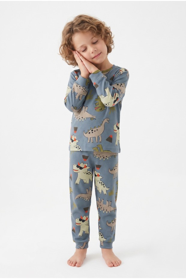 Erkek Çocuk Dinozor Desenli %100 Pamuk Reaktif Boyalı İnterlok Kumaş Uzun Kollu Pijama Takımı