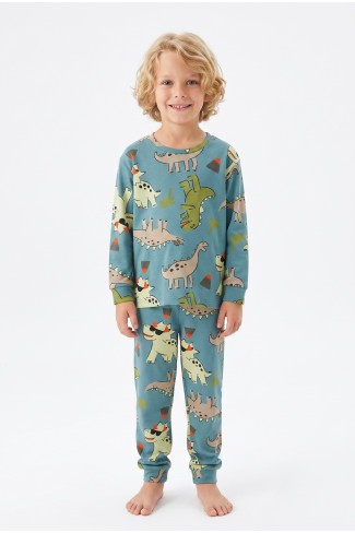 Erkek Çocuk Dinozor Desenli %100 Pamuk Reaktif Boyalı İnterlok Kumaş Uzun Kollu Pijama Takımı 