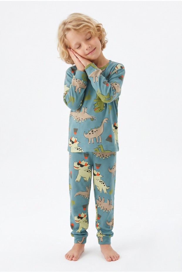 Erkek Çocuk Dinozor Desenli %100 Pamuk Reaktif Boyalı İnterlok Kumaş Uzun Kollu Pijama Takımı 