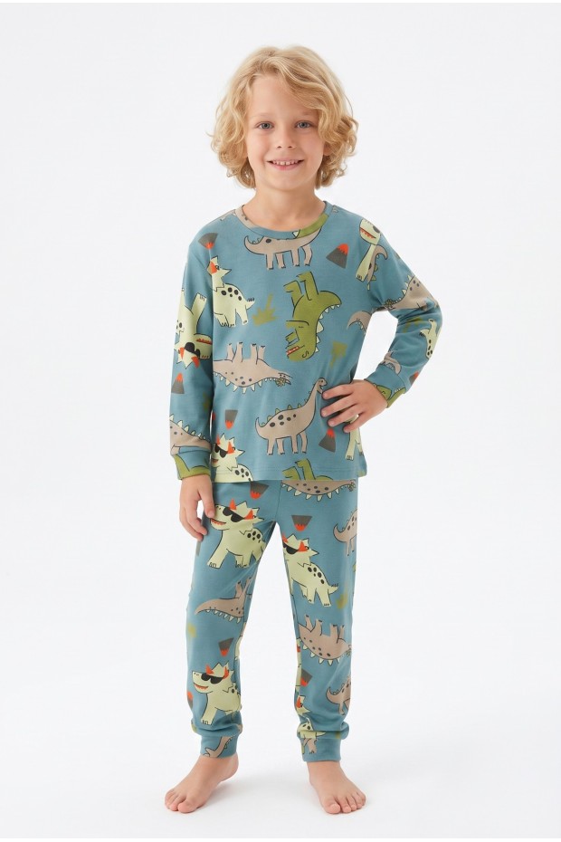 Erkek Çocuk Dinozor Desenli %100 Pamuk Reaktif Boyalı İnterlok Kumaş Uzun Kollu Pijama Takımı 