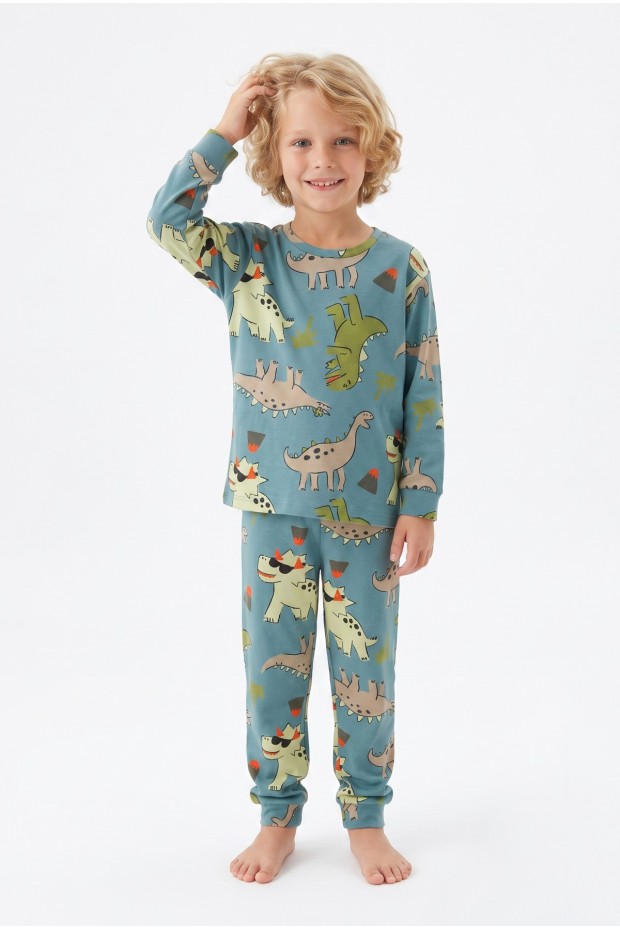 Erkek Çocuk Dinozor Desenli %100 Pamuk Reaktif Boyalı İnterlok Kumaş Uzun Kollu Pijama Takımı 