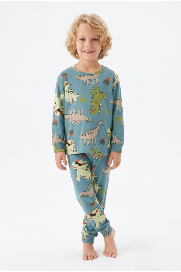 Erkek Çocuk Dinozor Desenli %100 Pamuk Reaktif Boyalı İnterlok Kumaş Uzun Kollu Pijama Takımı 