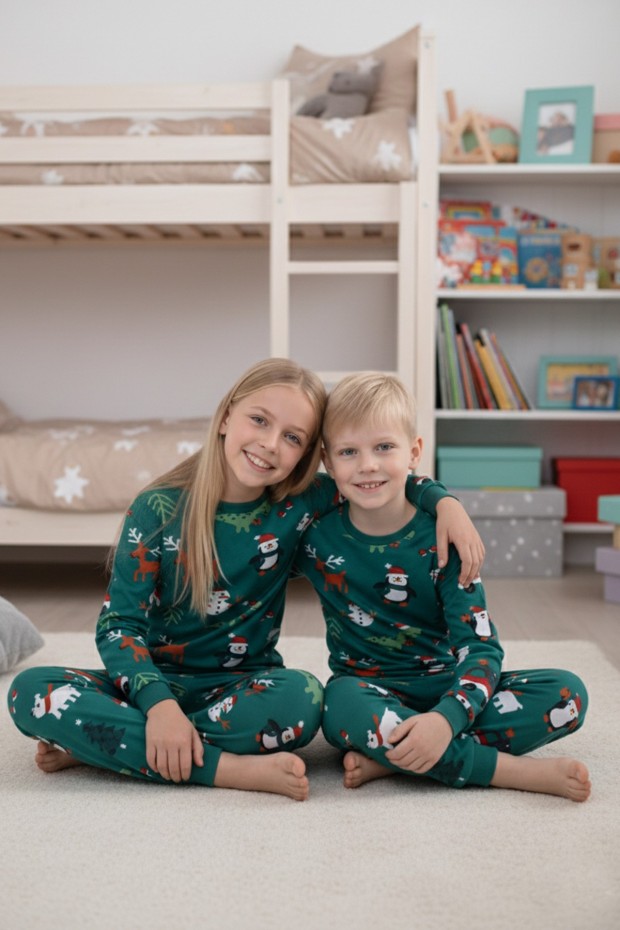 Garson Uniseks Çocuk Temalı Penguen Ve Geyik Desenli %100 Pamuk Reaktif Boyalı Süprem Kumaş Uzun Kollu Pijama Takımı