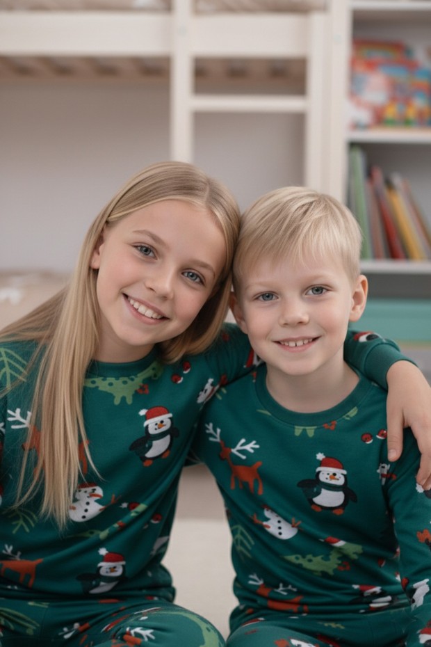 Garson Uniseks Çocuk Temalı Penguen Ve Geyik Desenli %100 Pamuk Reaktif Boyalı Süprem Kumaş Uzun Kollu Pijama Takımı