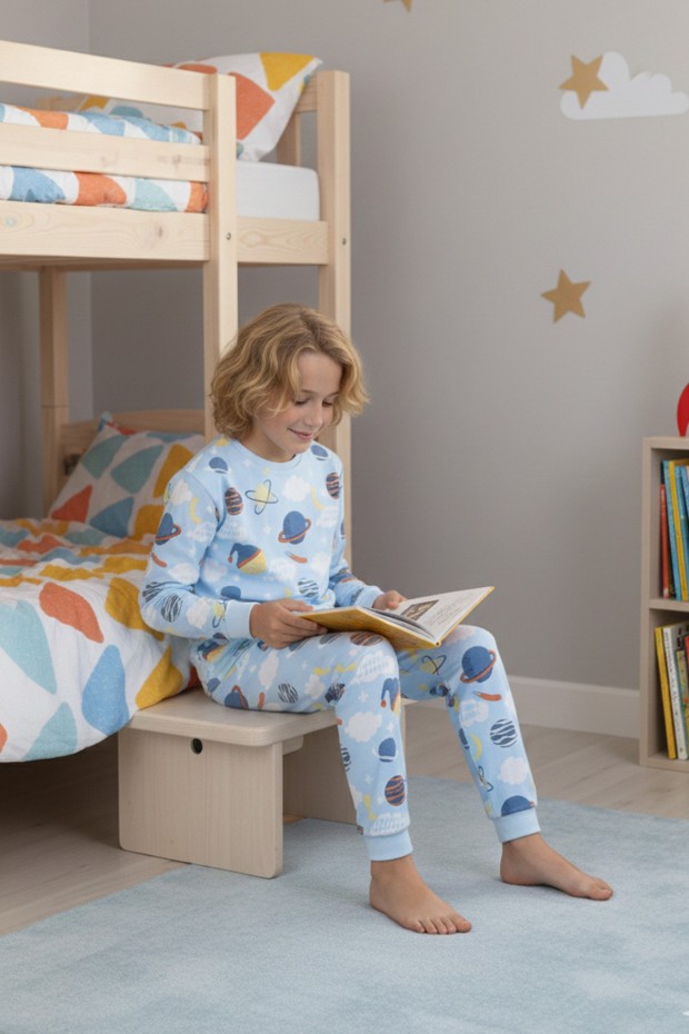 Garson Erkek Çocuk Gezegen Desenli %100 Pamuk Reaktif Boyalı İnterlok Kumaş Uzun Kollu Pijama Takımı