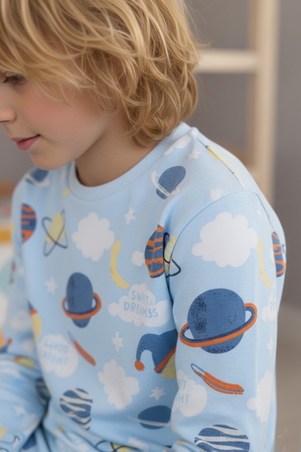 Garson Erkek Çocuk Gezegen Desenli %100 Pamuk Reaktif Boyalı İnterlok Kumaş Uzun Kollu Pijama Takımı
