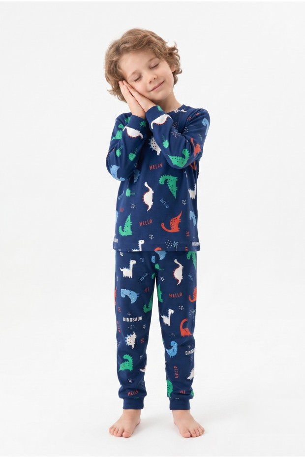 Erkek Çocuk Dinozor Desenli %100 Pamuk Reaktif Boyalı İnterlok Kumaş Uzun Kollu Pijama Takımı