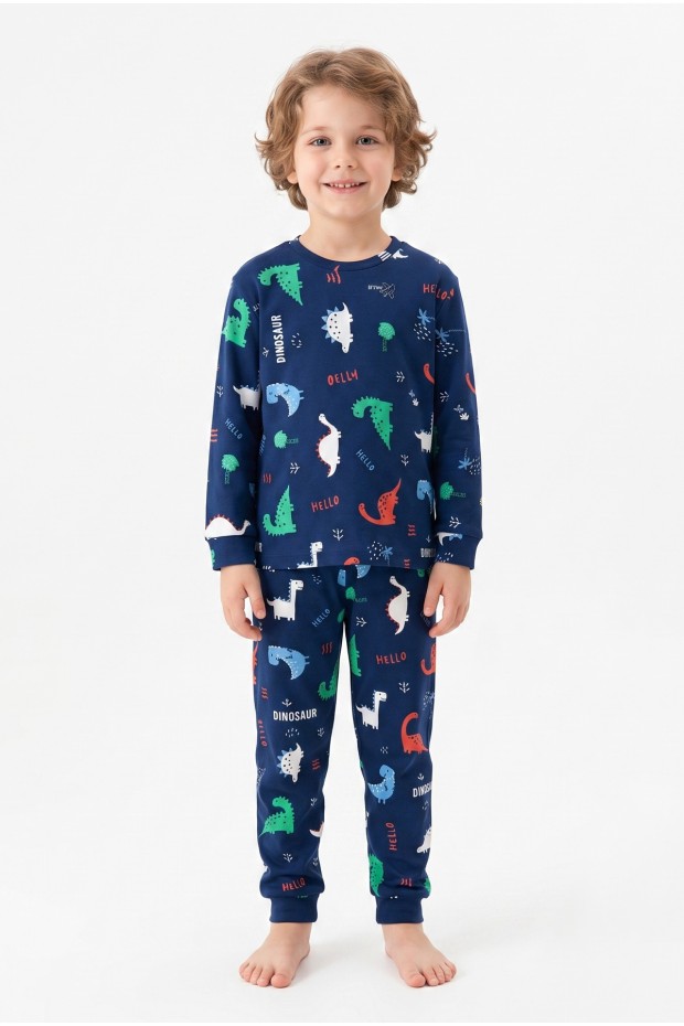 Erkek Çocuk Dinozor Desenli %100 Pamuk Reaktif Boyalı İnterlok Kumaş Uzun Kollu Pijama Takımı