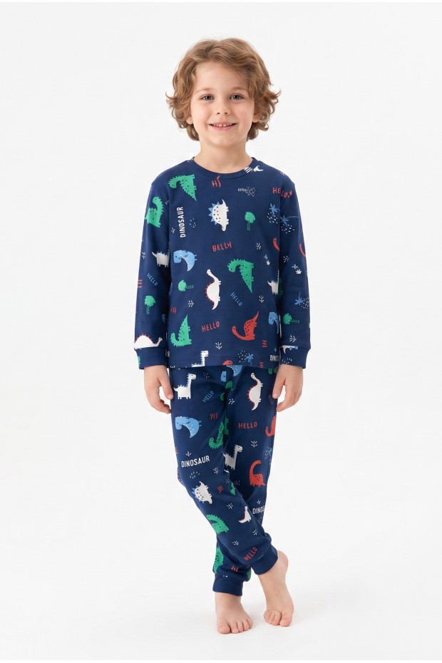 Erkek Çocuk Dinozor Desenli %100 Pamuk Reaktif Boyalı İnterlok Kumaş Uzun Kollu Pijama Takımı