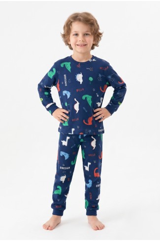 Erkek Çocuk Dinozor Desenli %100 Pamuk Reaktif Boyalı İnterlok Kumaş Uzun Kollu Pijama Takımı