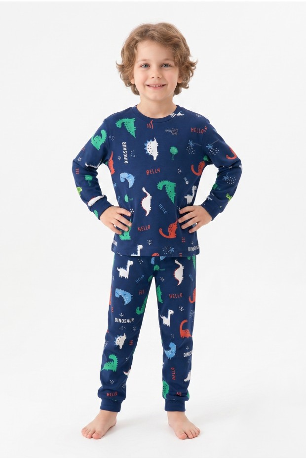 Erkek Çocuk Dinozor Desenli %100 Pamuk Reaktif Boyalı İnterlok Kumaş Uzun Kollu Pijama Takımı