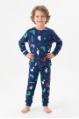 Erkek Çocuk Dinozor Desenli %100 Pamuk Reaktif Boyalı İnterlok Kumaş Uzun Kollu Pijama Takımı