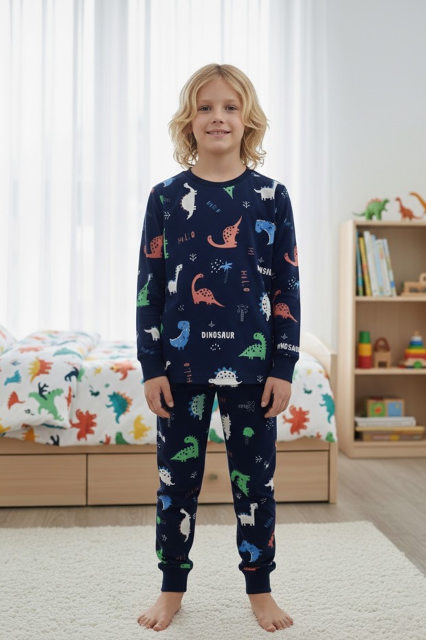 Garson Erkek Çocuk Dinozor Desenli %100 Pamuk Reaktif Boyalı İnterlok Kumaş Uzun Kollu Pijama Takımı
