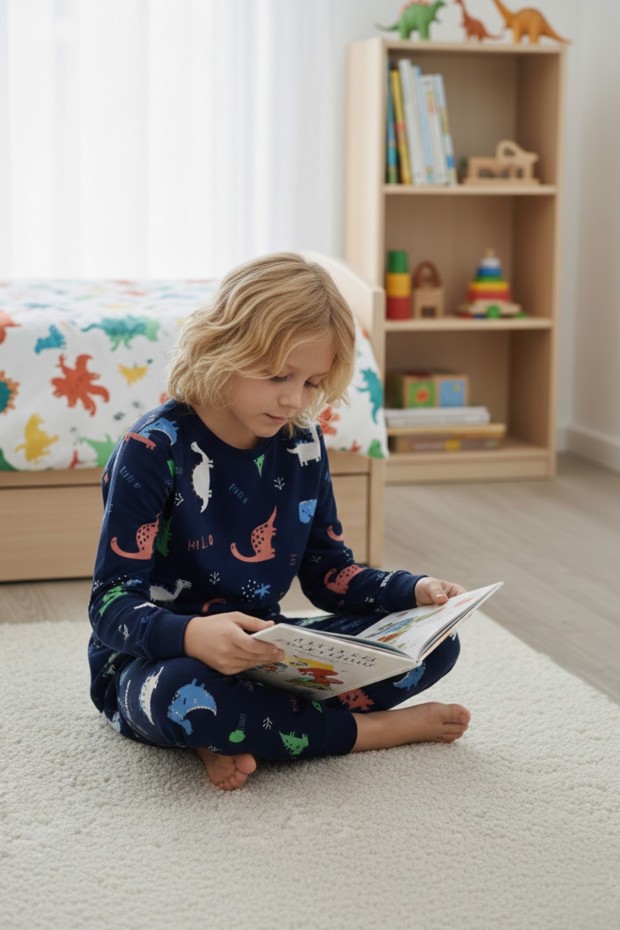 Garson Erkek Çocuk Dinozor Desenli %100 Pamuk Reaktif Boyalı İnterlok Kumaş Uzun Kollu Pijama Takımı