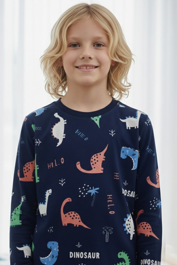 Garson Erkek Çocuk Dinozor Desenli %100 Pamuk Reaktif Boyalı İnterlok Kumaş Uzun Kollu Pijama Takımı