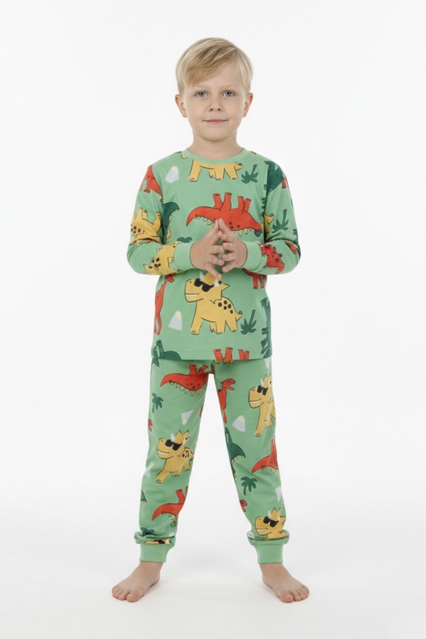Erkek Çocuk Dinozor Desenli %100 Pamuk Reaktif Boyalı Süprem Kumaş Uzun Kollu Pijama Takımı