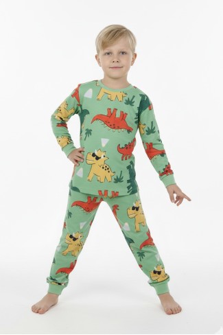 Erkek Çocuk Dinozor Desenli %100 Pamuk Reaktif Boyalı Süprem Kumaş Uzun Kollu Pijama Takımı