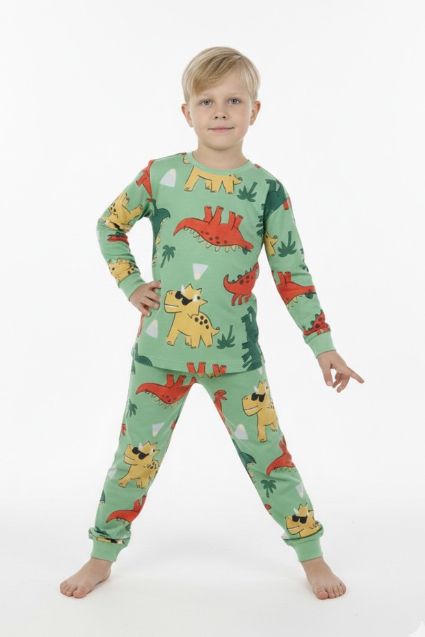 Erkek Çocuk Dinozor Desenli %100 Pamuk Reaktif Boyalı Süprem Kumaş Uzun Kollu Pijama Takımı