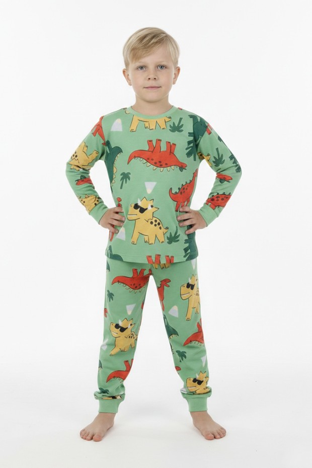 Erkek Çocuk Dinozor Desenli %100 Pamuk Reaktif Boyalı Süprem Kumaş Uzun Kollu Pijama Takımı