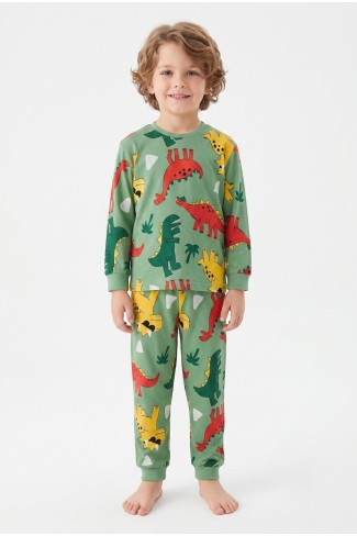 Erkek Çocuk Dinozor Desenli %100 Pamuk Reaktif Boyalı Süprem Kumaş Uzun Kollu Pijama Takımı