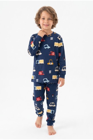 Erkek Çocuk %100 Pamuk Reaktif Boyalı İnterlok Kumaş Araba Baskılı Pijama Takımı 