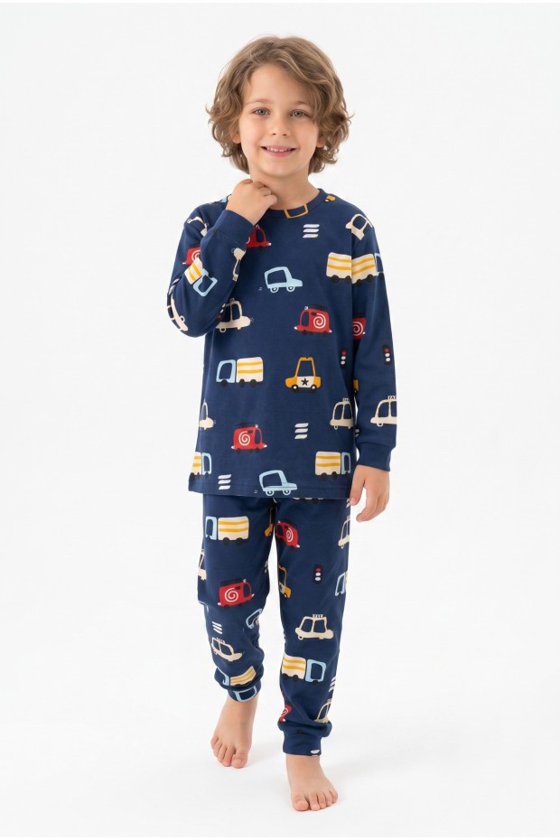 Erkek Çocuk %100 Pamuk Reaktif Boyalı İnterlok Kumaş Araba Baskılı Pijama Takımı 