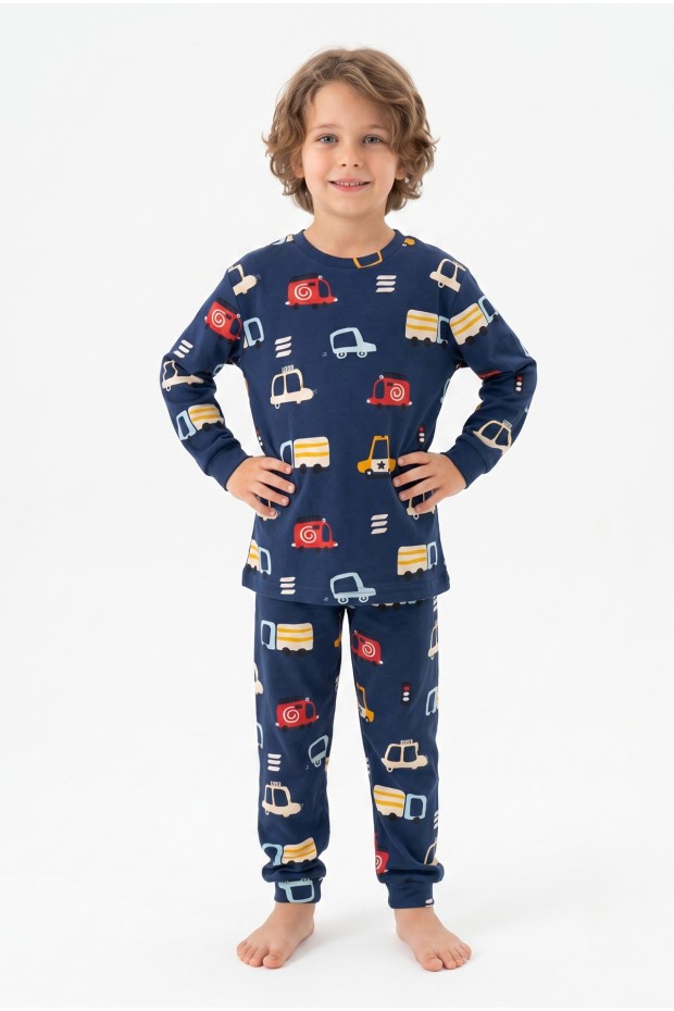 Erkek Çocuk %100 Pamuk Reaktif Boyalı İnterlok Kumaş Araba Baskılı Pijama Takımı 